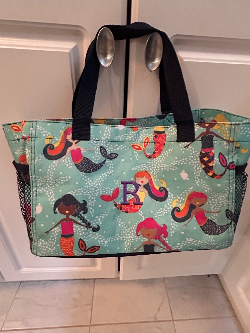 Thirty one Mermaid Tote Bag - Teal with Multicolor Mermaids. Embroidered R